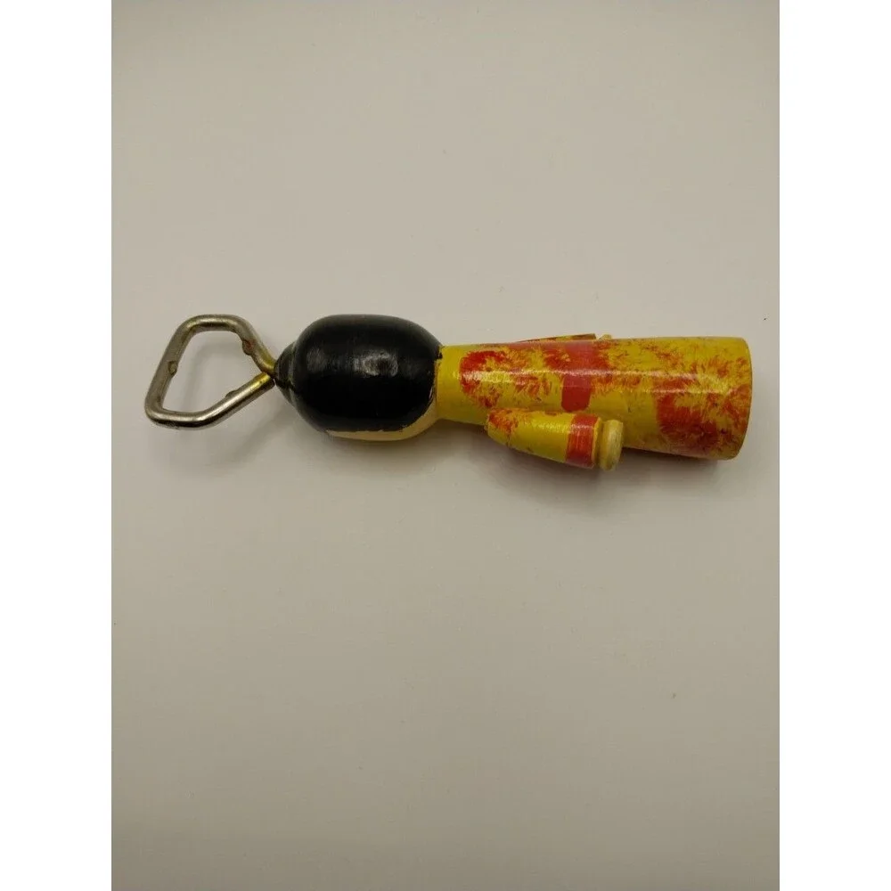 Vintage Wooden Doll Bottle Opener Handcrafted Yellow Red Black Decorative Unique